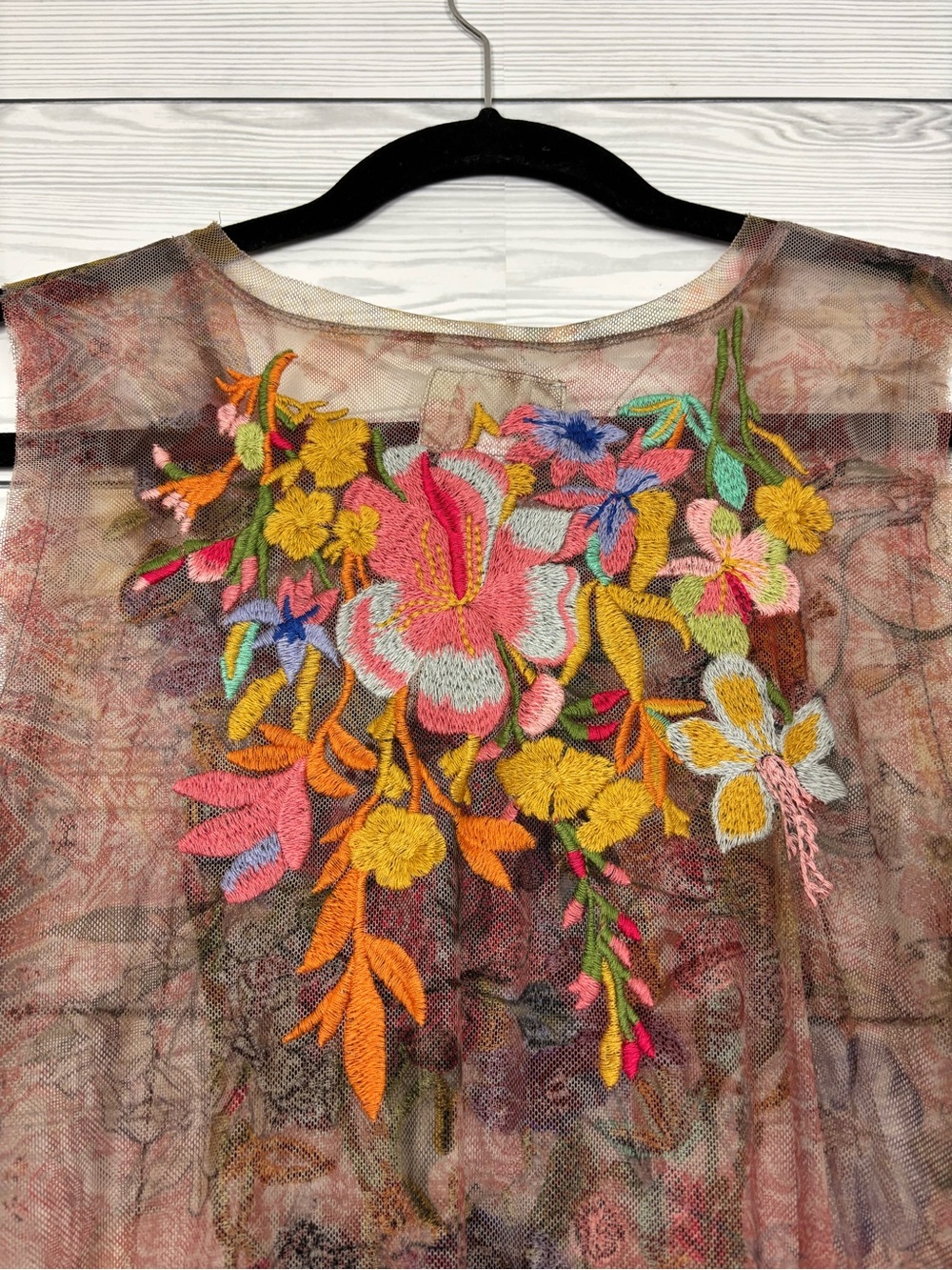 Johnny Was Sheer Floral Embroidered Dress in Pink, Blue, Green - Picture 7 of 10